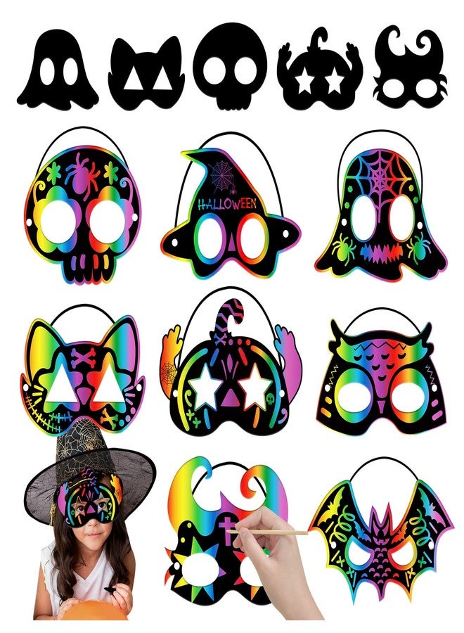 PARTYWIND 32 PCS Halloween Scratch Masks, Magic Halloween Scratch Art Crafts for Kids Party Decorations, DIY Scratch Off Masks for Kids Halloween Activities Party Supplies with Pumpkin Zombie Bat - Image 1